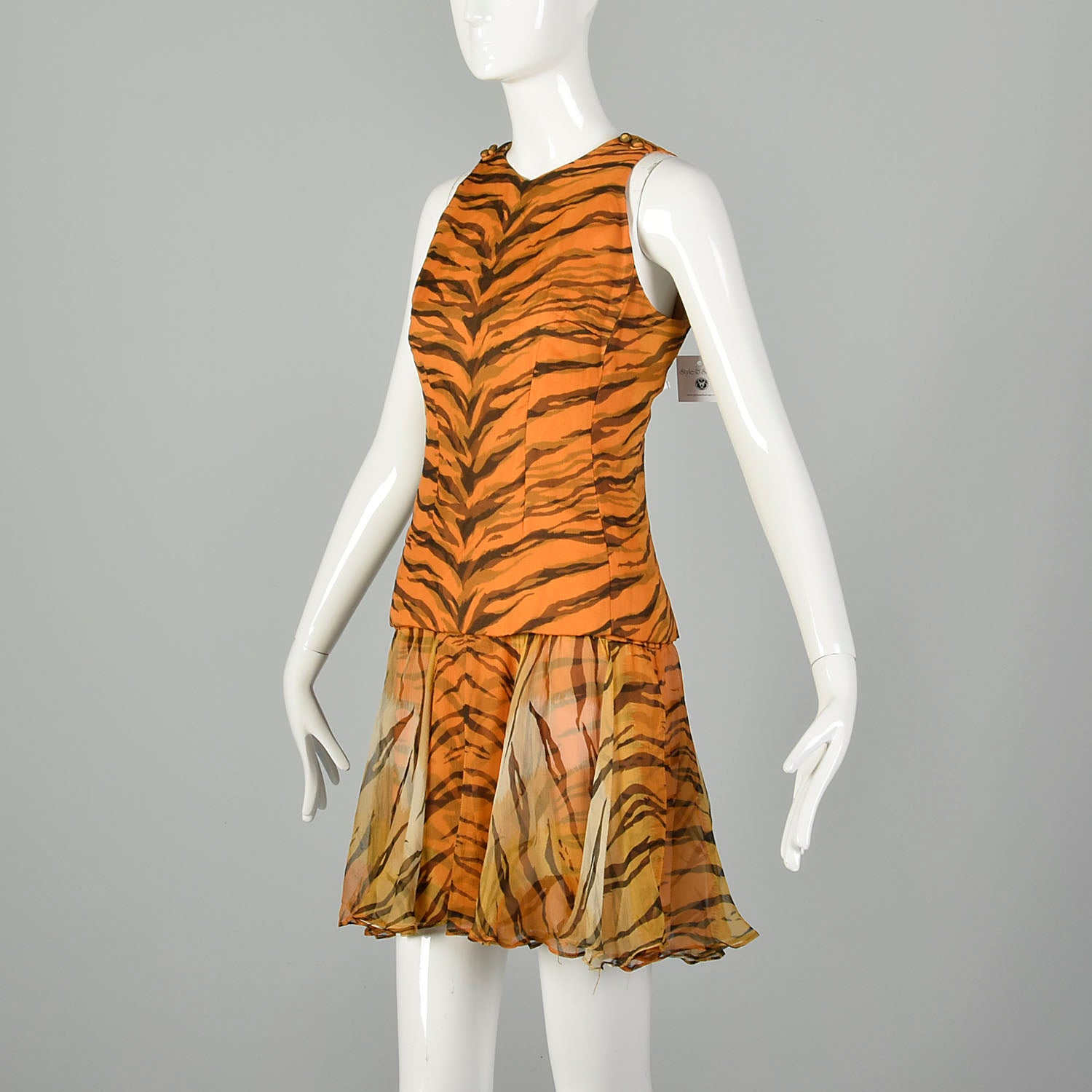 Small 1960s Tiger Stripe Outfit Silk Animal Print Two Piece Dress