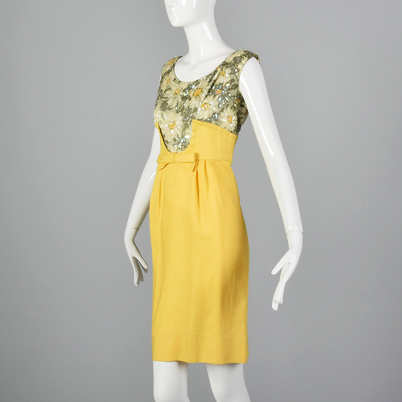 1960s Yellow Linen Dress with Sequin Floral Top