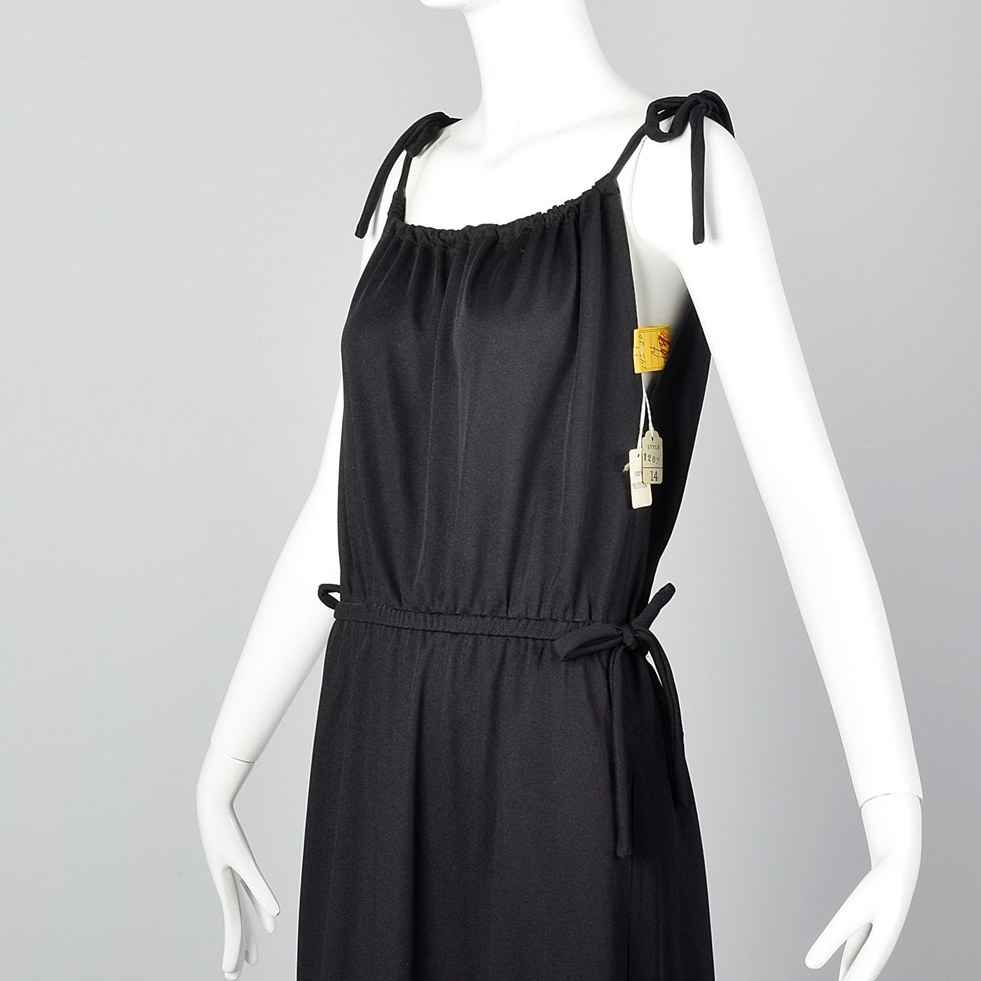 1970s Black Maxi Dress with Faux Drawstring Details