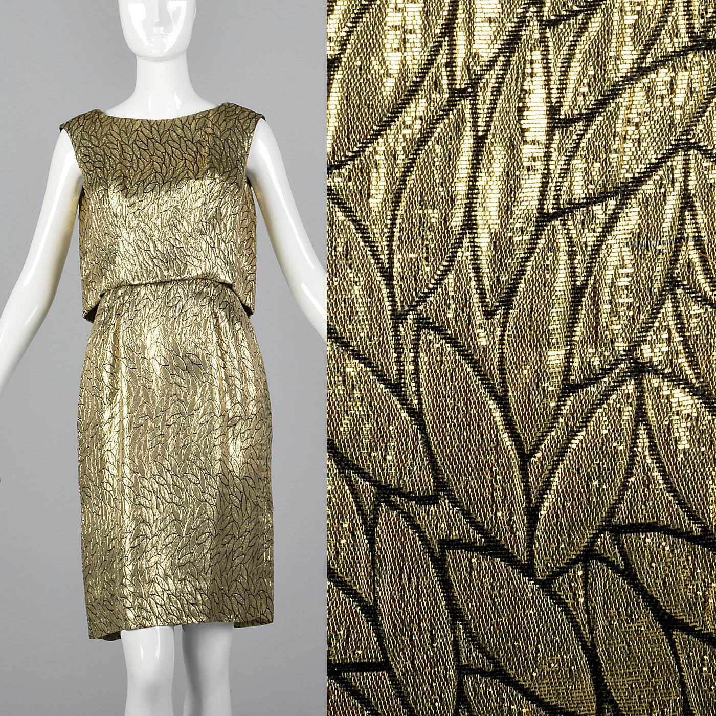 1960s Metallic Gold Dress with Leaf Style Pattern