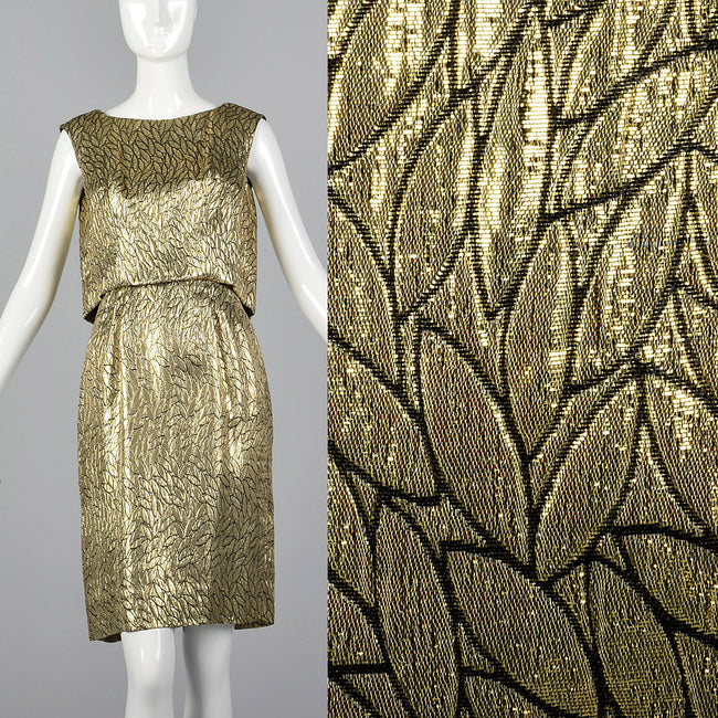 1960s Metallic Gold Dress with Leaf Style Pattern