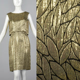 1960s Metallic Gold Dress with Leaf Style Pattern