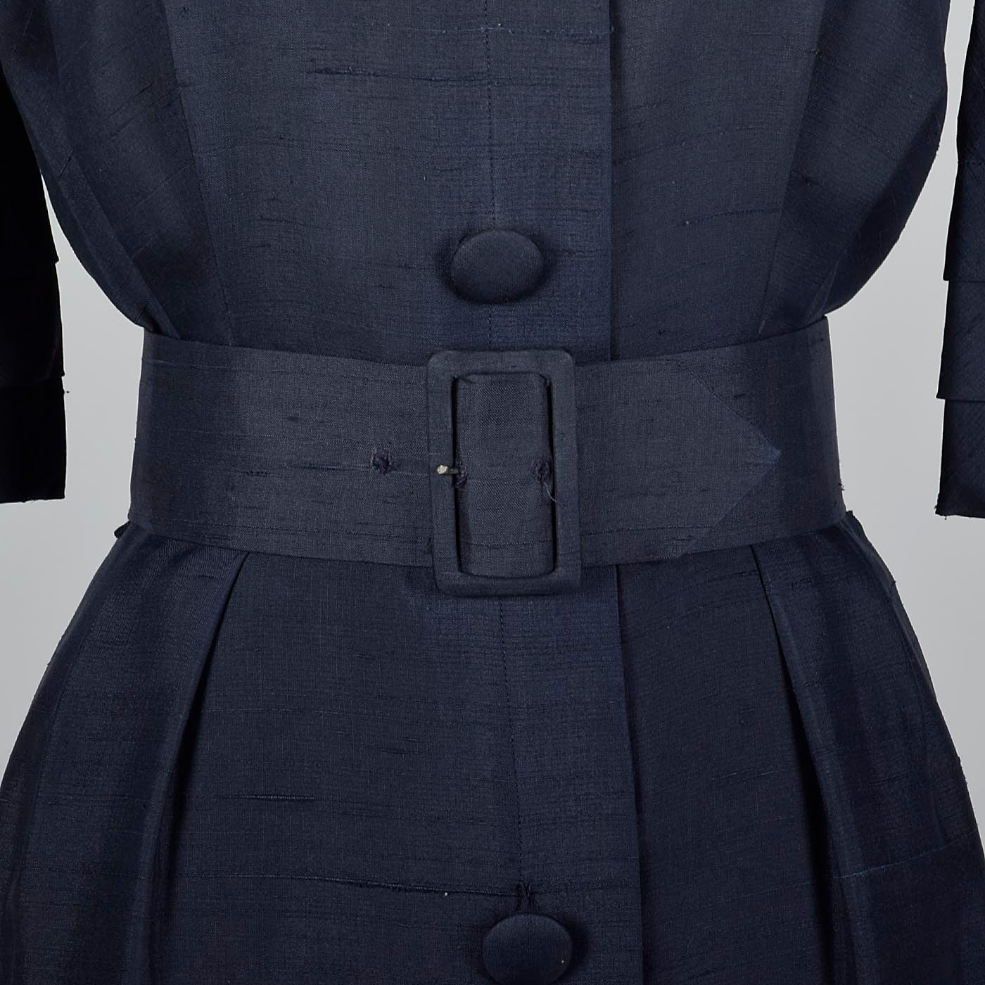 1950s Navy Silk Dress with Wide Belt and Decorative Buttons