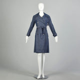 Small 1970s Denim Trench Coat  Double Breasted Knee Length Jean Jacket