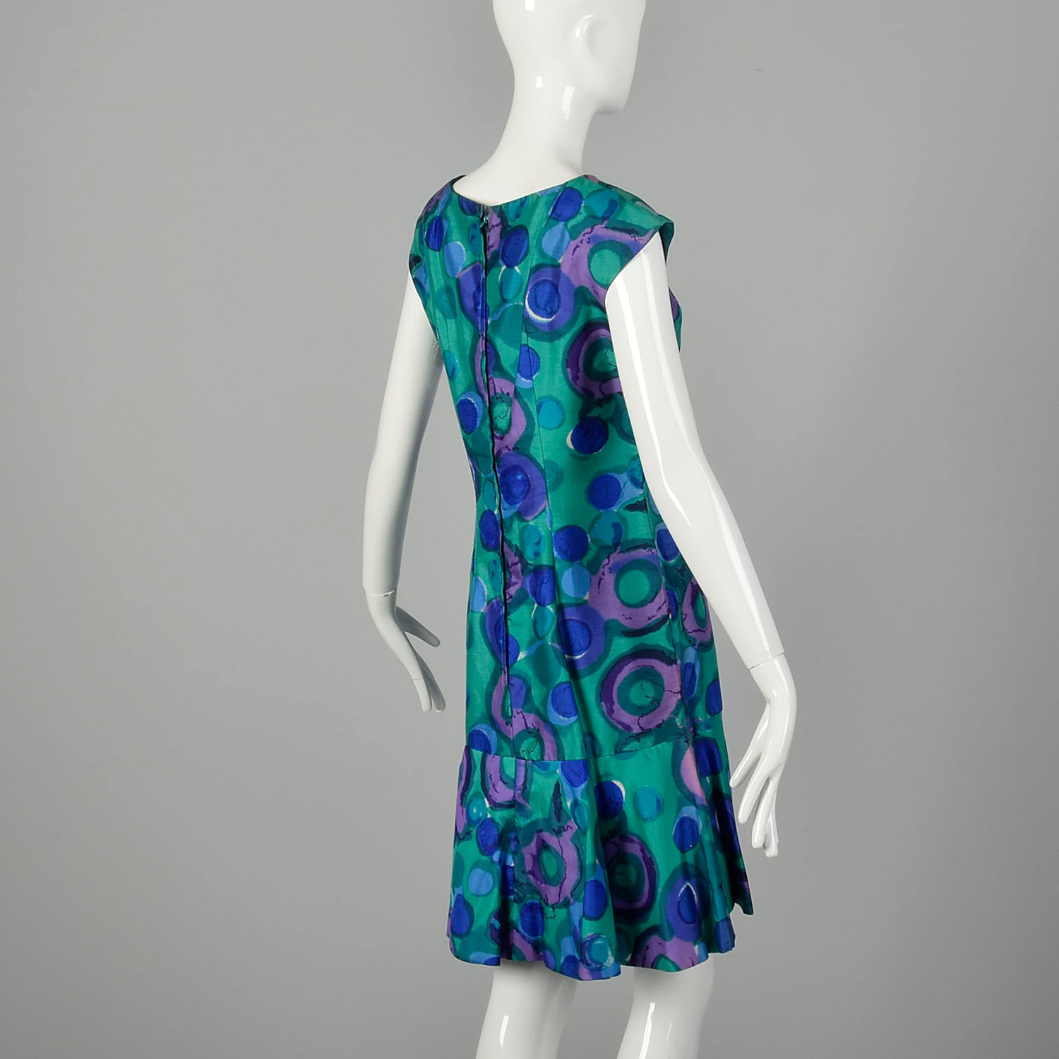 Large 1960s Dress Colorful Green Abstract Print Blue Sleeveless