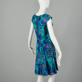 Large 1960s Dress Colorful Green Abstract Print Blue Sleeveless
