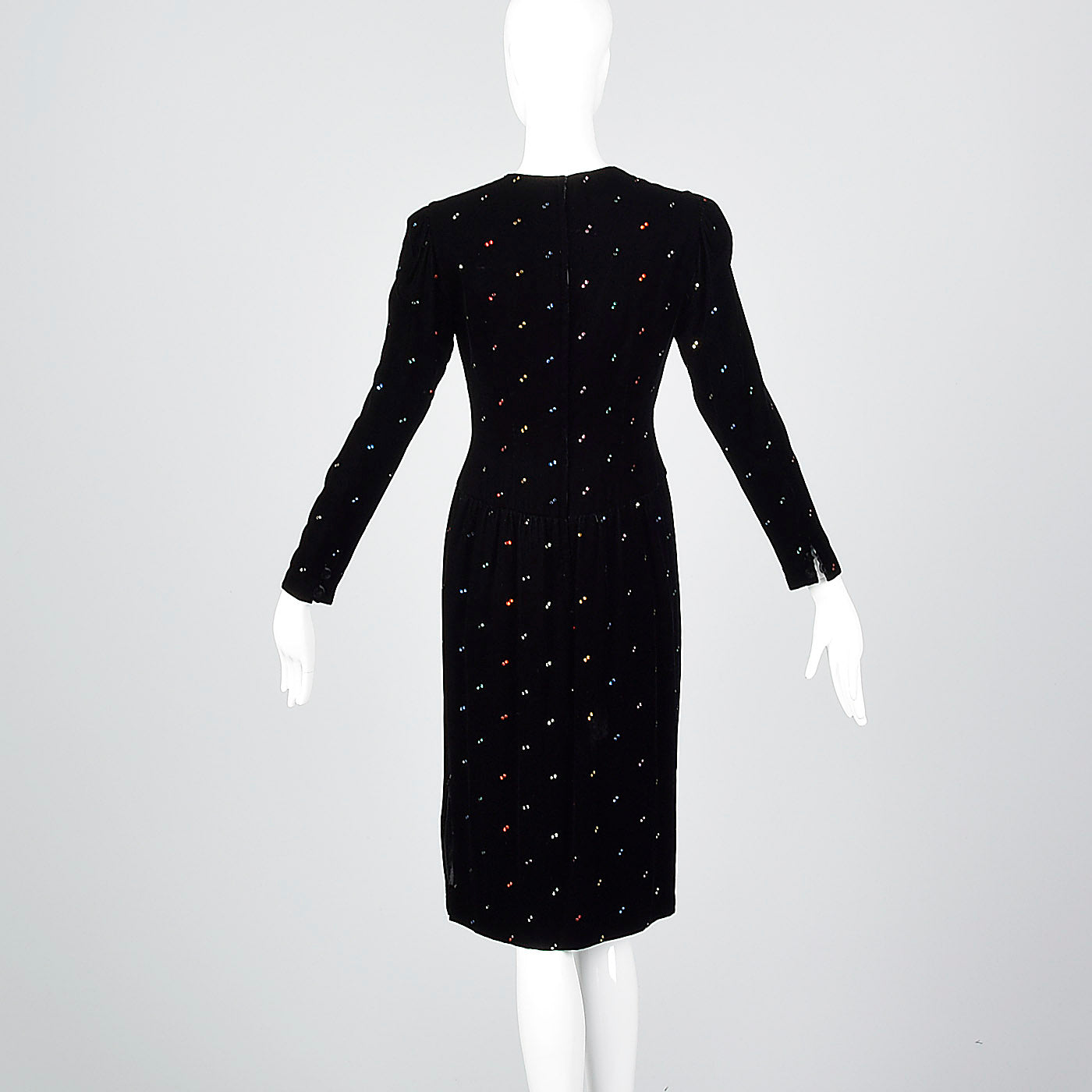 1980s Oscar de la Renta Black Velvet Dress with Rainbow Rhinestones