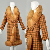 Large 1970s Coat Orange Brown Chunky Boucle Tweed Wool Real Fox Fur Winter