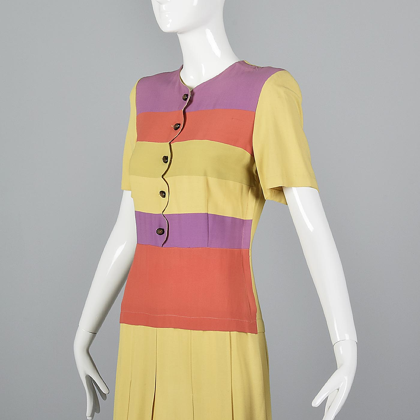 1930s Yellow Rayon Day Dress with Striped Bodice