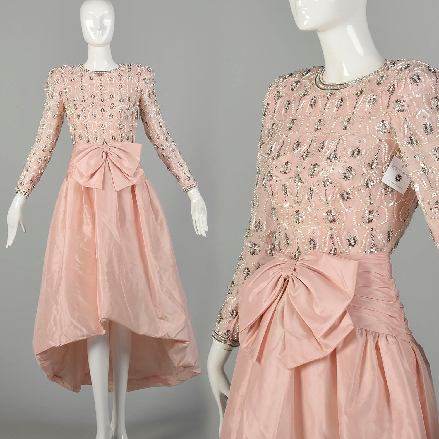 XS 1980s Victoria Royal Evening Gown Hi-Lo Skirt Beaded Pearl Bodice Pink Taffeta