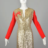 Medium Oscar de la Renta 1970s Long Gold Sequin Red Sleeve Dress