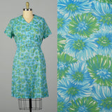 3XL 1950s Blue Floral Day Dress Green Short Sleeve Casual Volup