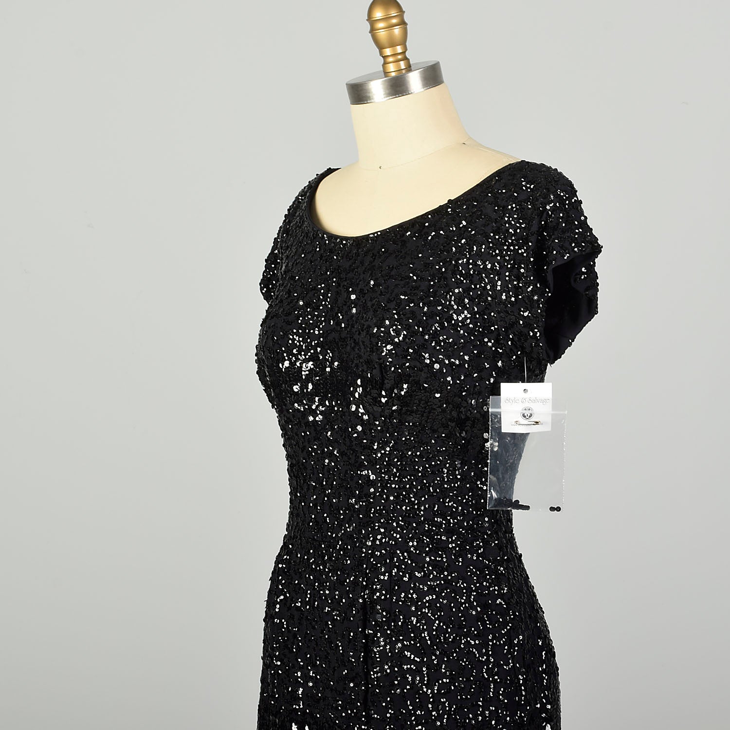 Medium 1950s Black Sequin Dress Evening Sheath LBD Cocktail Party Little Black Dress