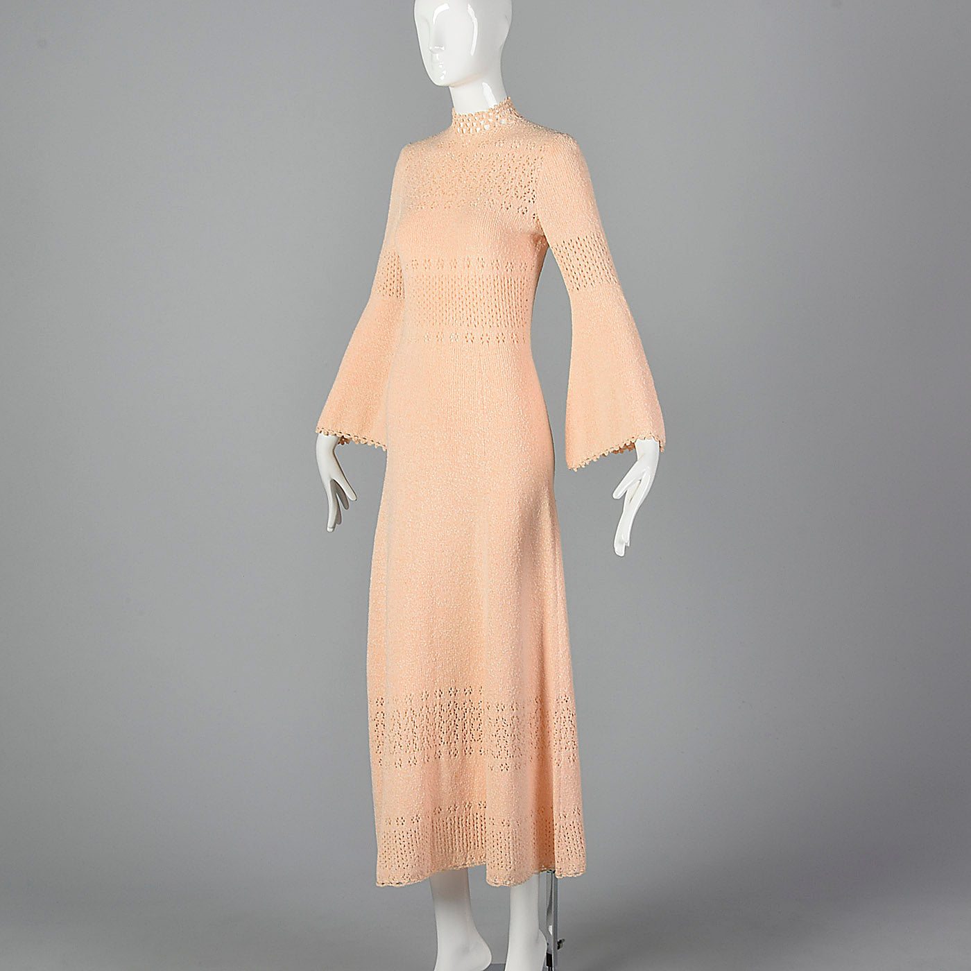 1970s Pink Knit Maxi Dress with Bell Sleeves
