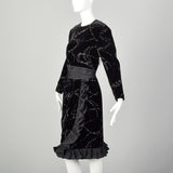 Large 1980s Escada Dress Black Velvet Glitter Ruffle Asymmetrical Hem Cocktail Party Evening Gown