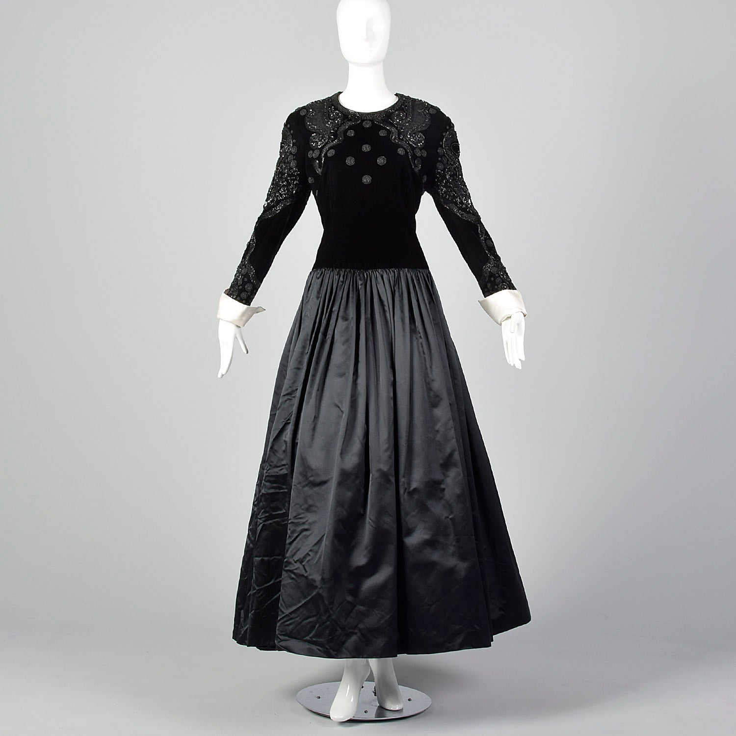 Large Escada Couture 1980s Black Beaded Velvet Gown
