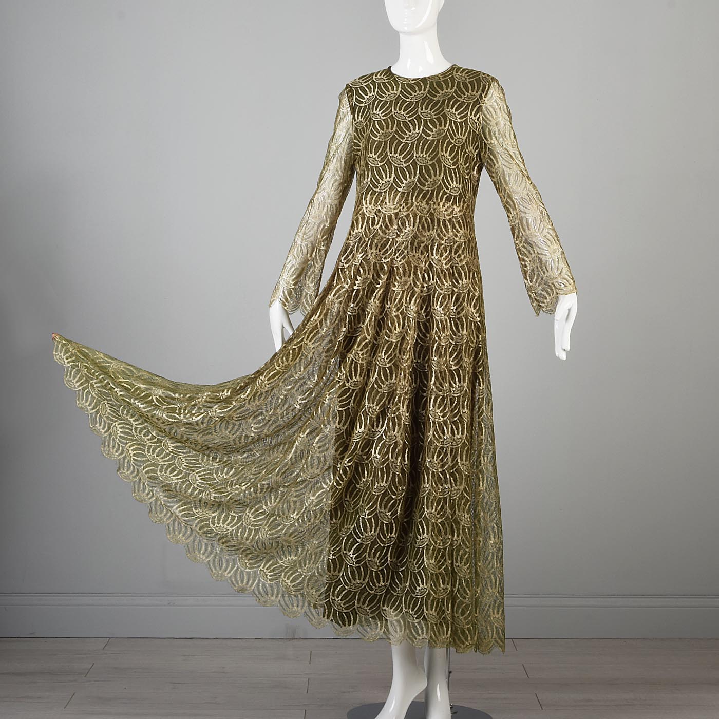 1960s Christian Dior Boutique Numbered Couture Gold Lace Gown