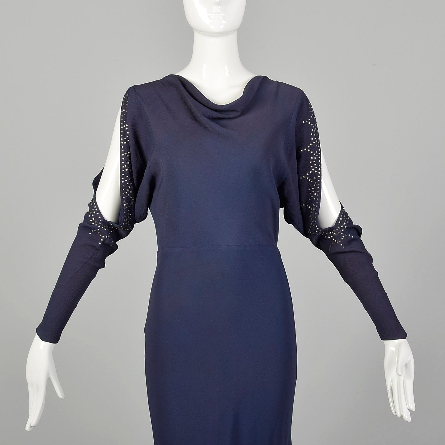 Small 1930s Blue Dress Bias Cut Rhinestone Slit Long Sleeve Evening Gown