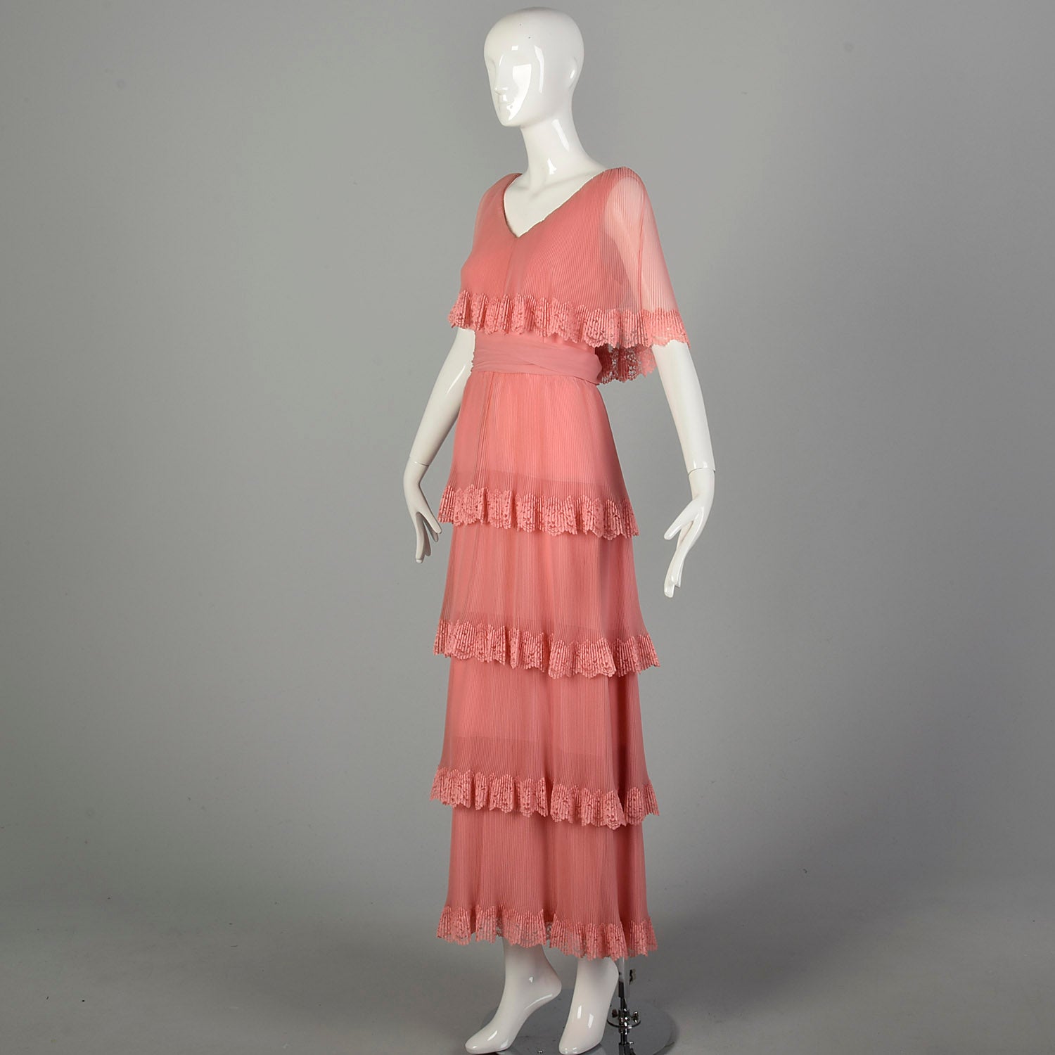 Medium 1970s Miss Elliette Dress Pleated Tiered Maxi Gown Pink Lace Capelet