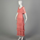 Medium 1970s Miss Elliette Dress Pleated Tiered Maxi Gown Pink Lace Capelet