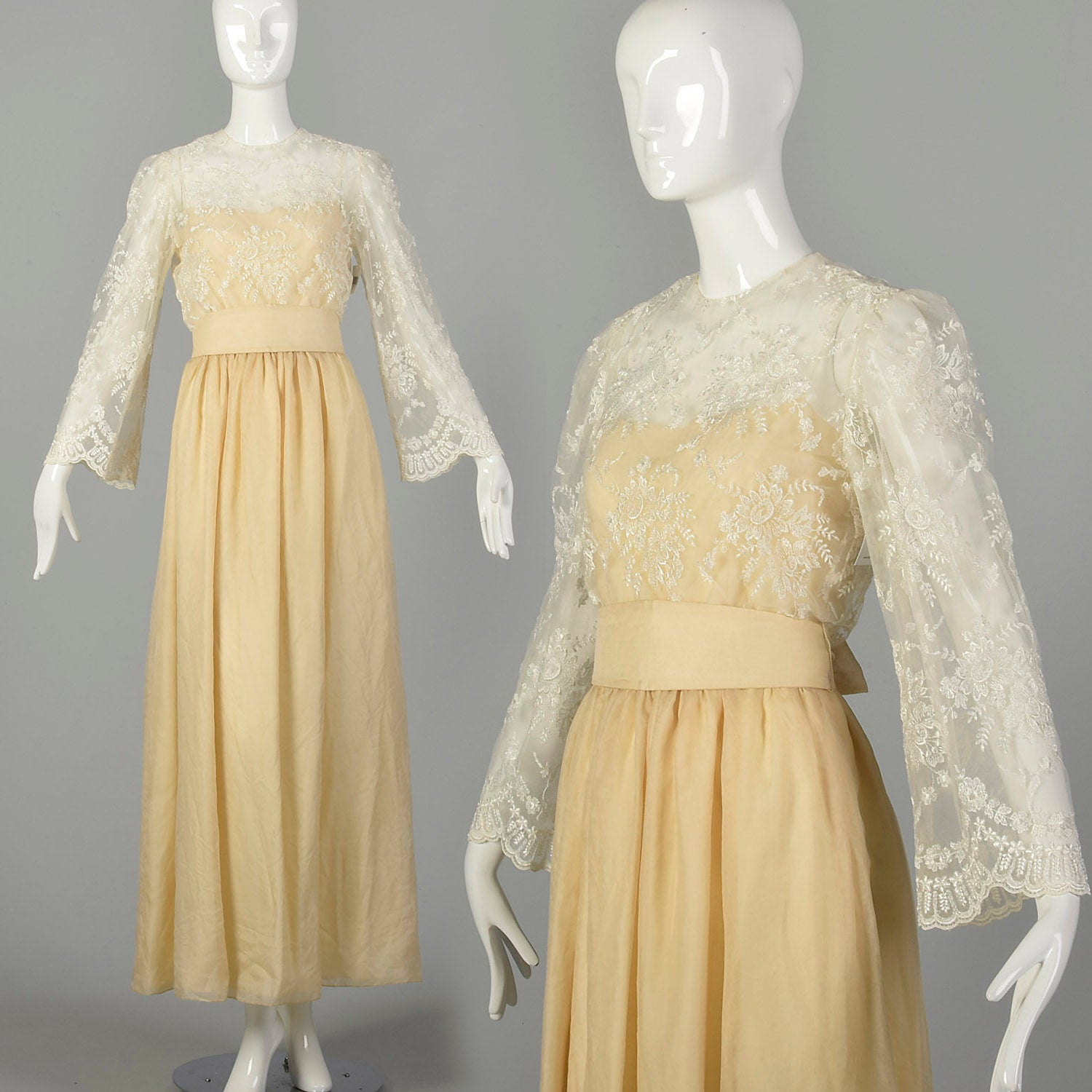 Small 1970s William Pearson Dress Cream Lace Bell Sleeve Bohemian Bridal Wedding