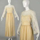 Small 1970s William Pearson Dress Cream Lace Bell Sleeve Bohemian Bridal Wedding
