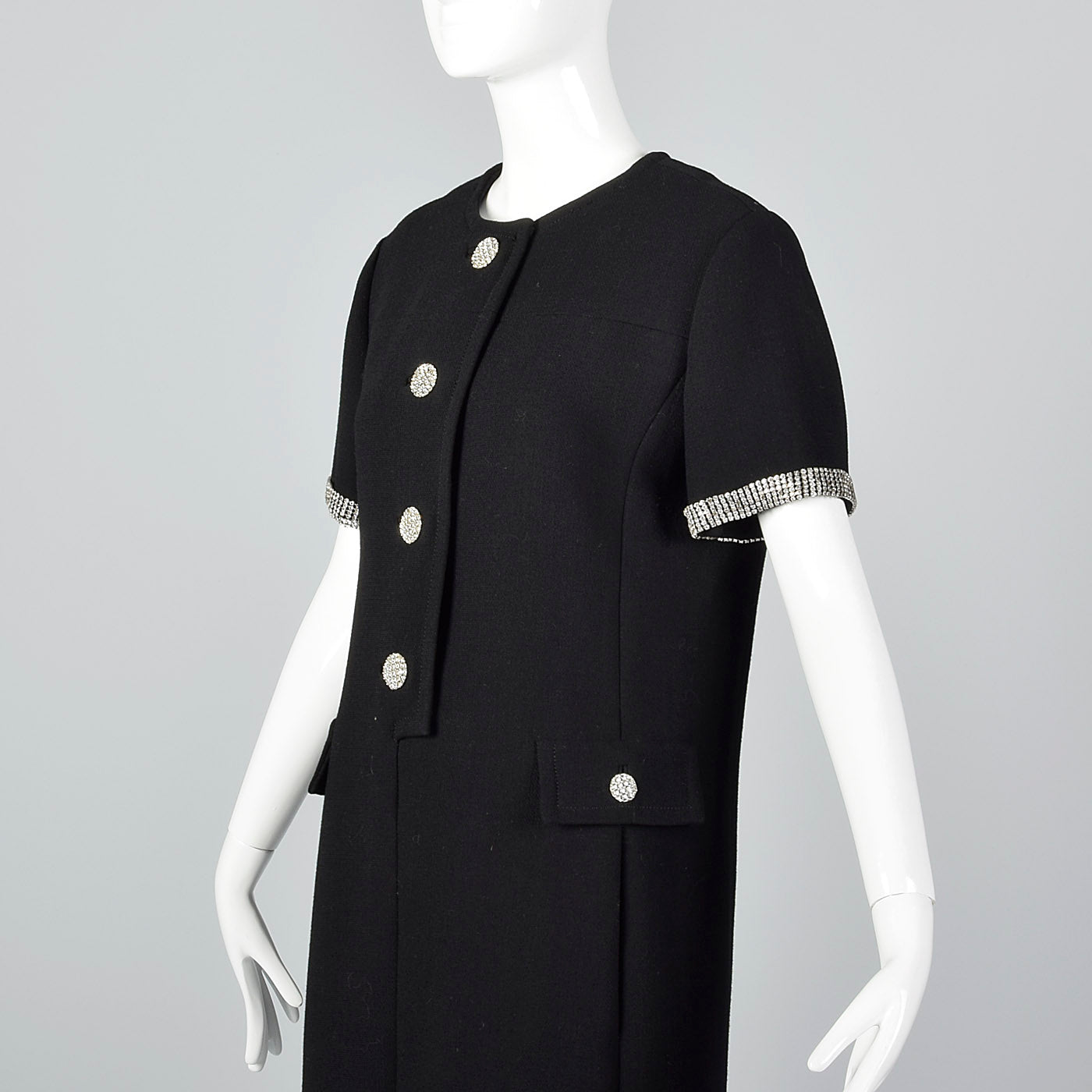 1960s Black Wool Dress with Rhinestone Trim