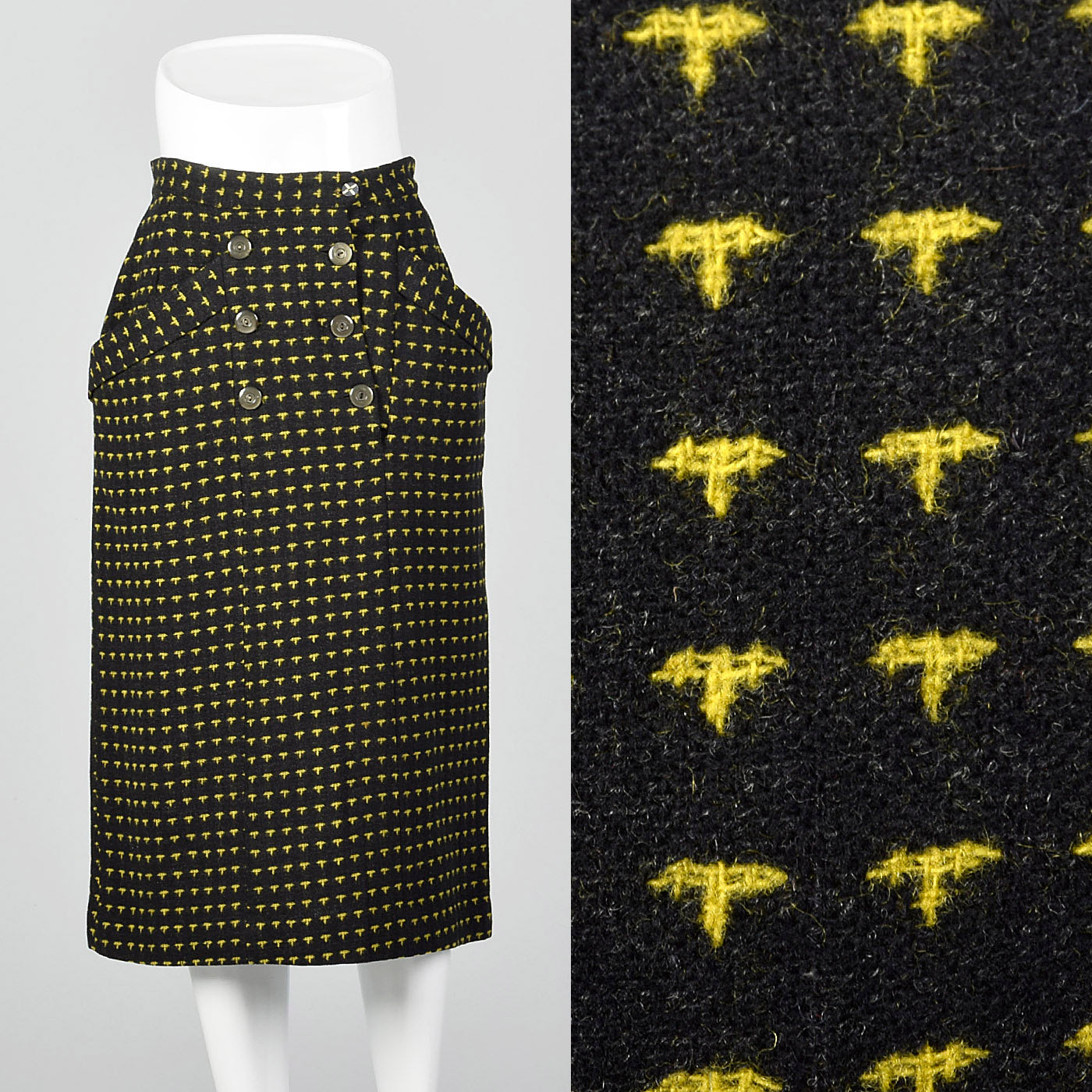 Small 1950s Charcoal and Yellow Patterned Pencil Skirt