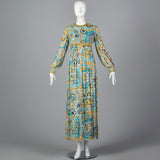 1970s Mollie Parnis Bohemian Maxi Dress with Long Sleeves