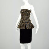 Small 1980s Nipon Black Strapless Party Dress Peplum with Gold Swirl