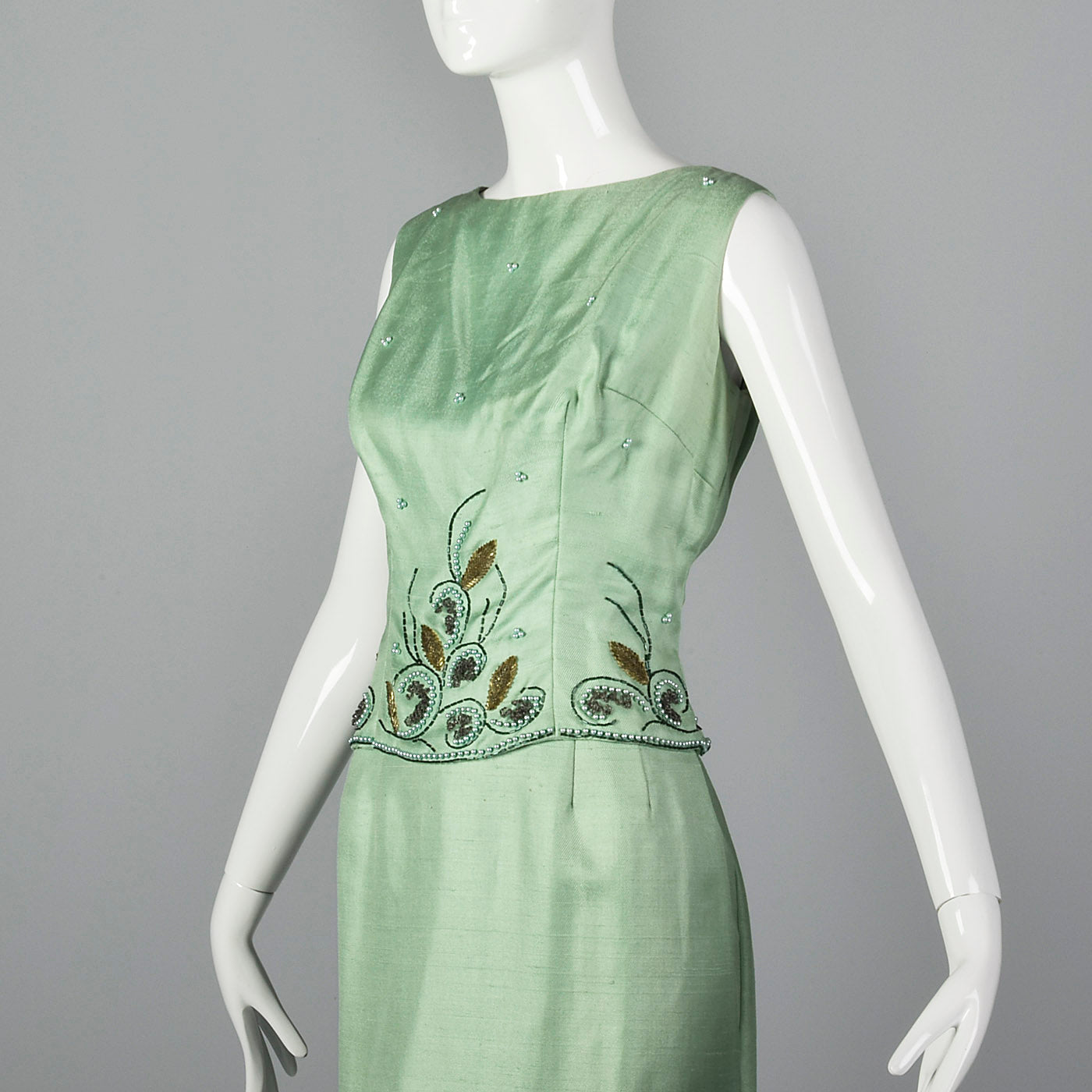 1960s Green Silk Dress with Faux Two-Piece Look