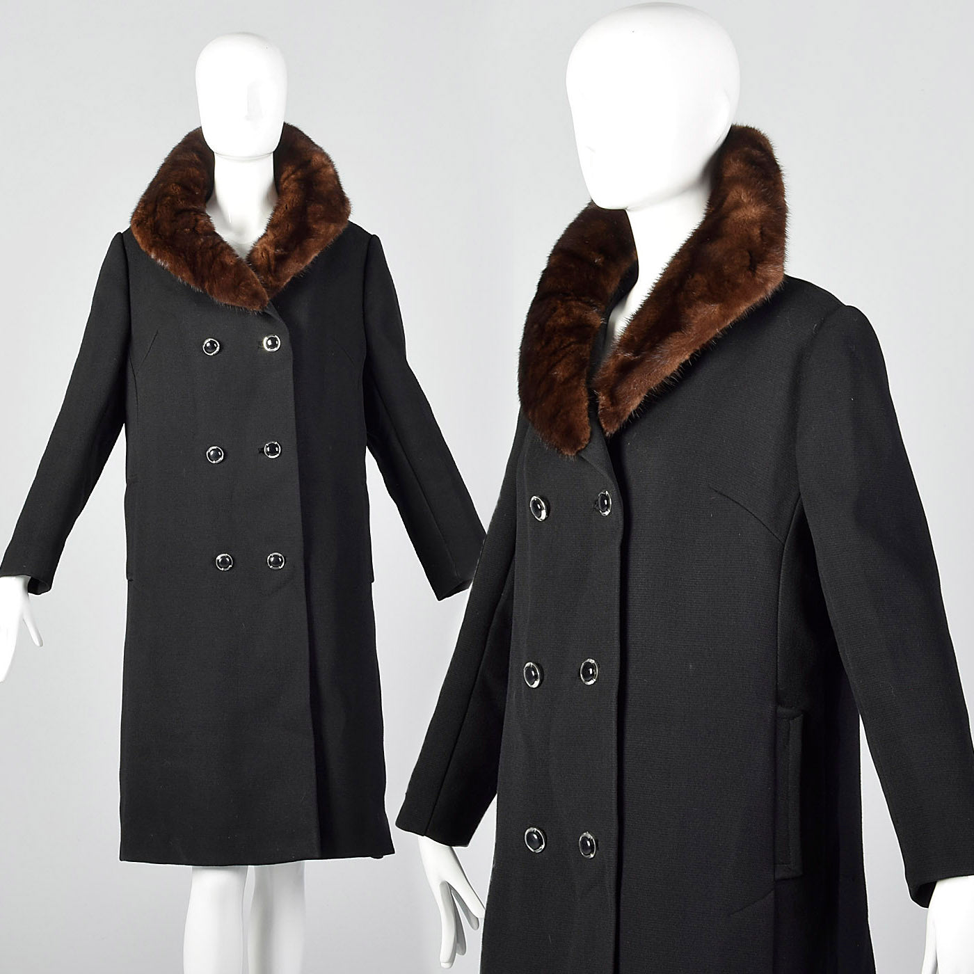 1960s Black Wool Double Breasted Coat with Mink Collar