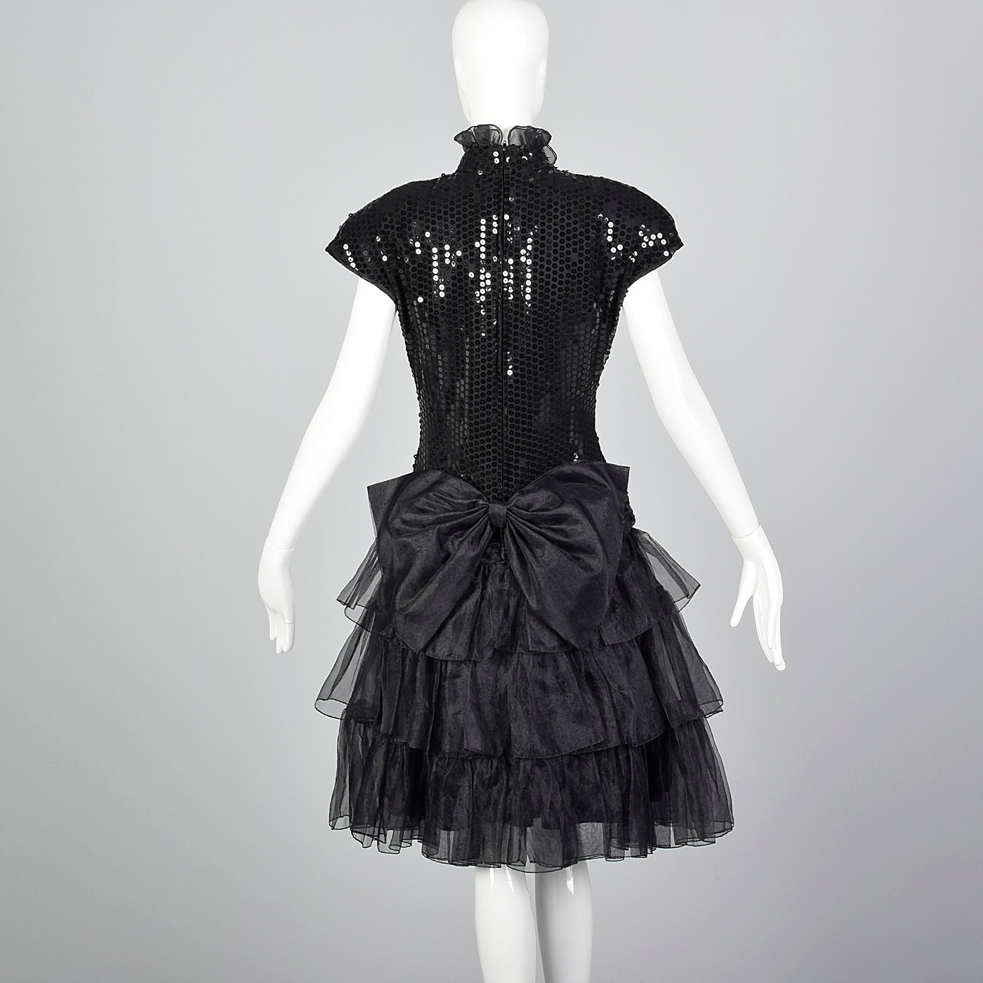 1980s Tadashi Black Sequin Dress with Drop Waist and Ruffle Skirt