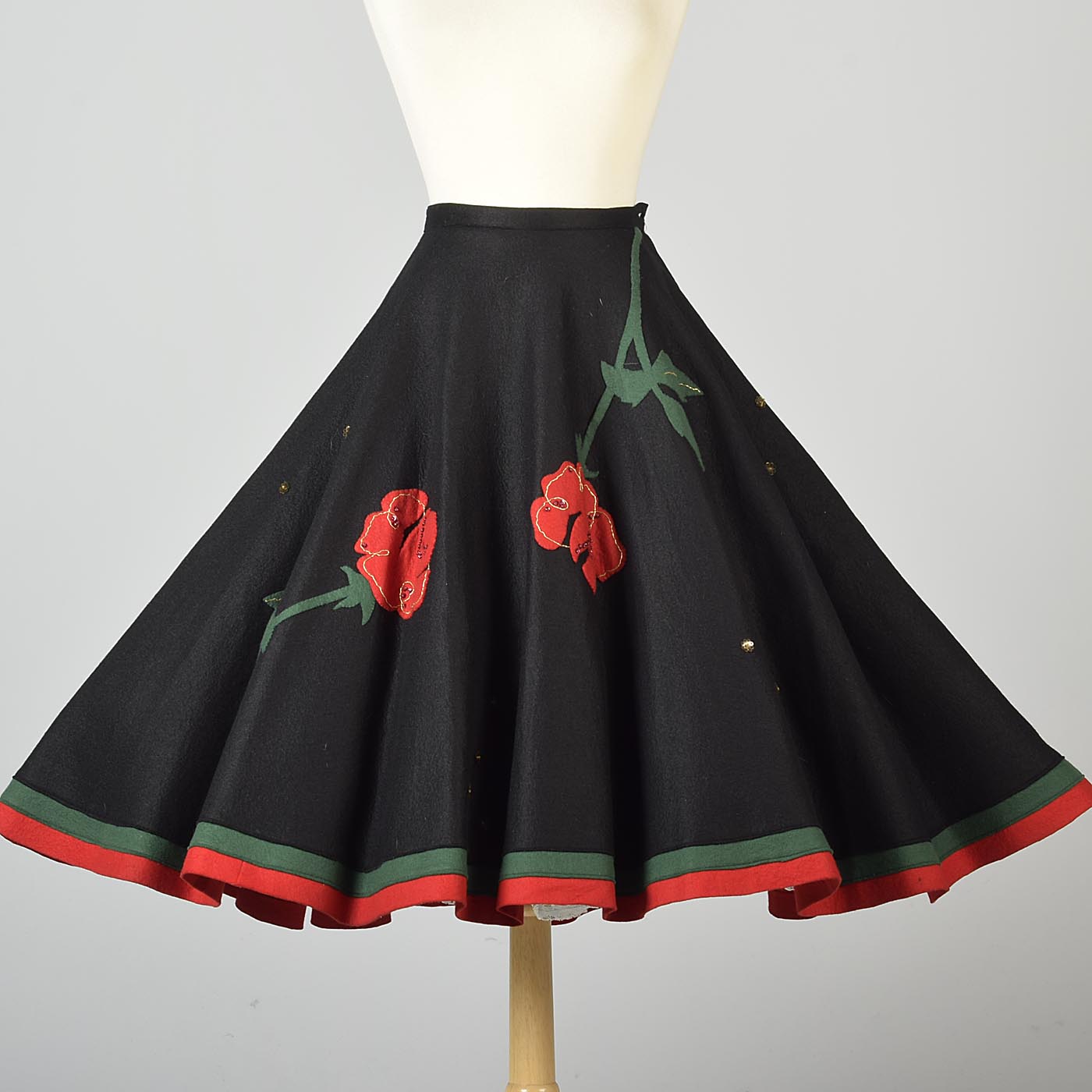 1950s Black Circle Skirt with Felt Flowers
