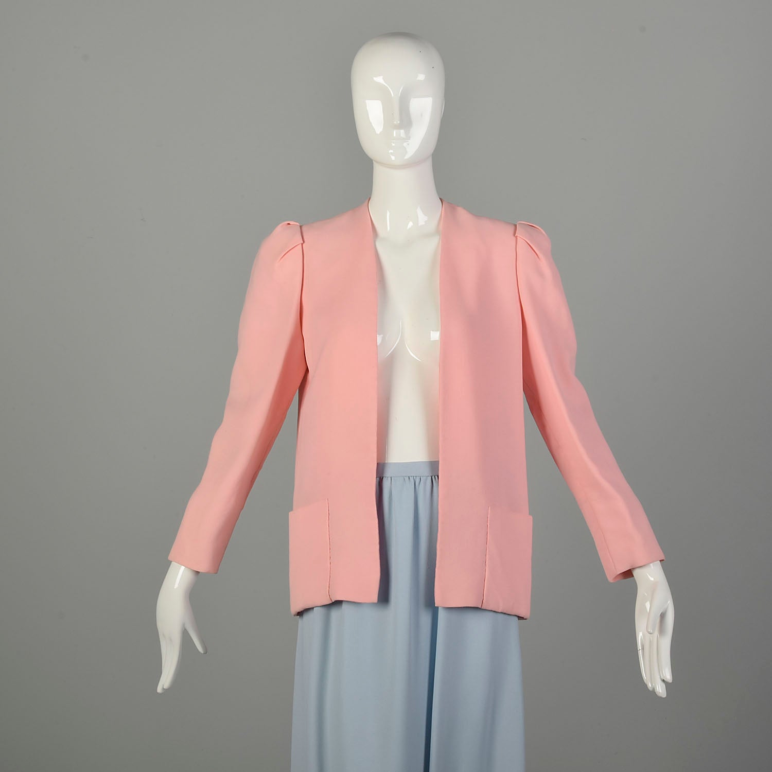 Small 1980s Bill Blass Pastel Crepe Skirt Suit Blue Pink Separates Ensemble