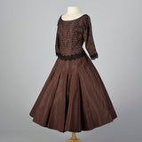 1950s Brown Taffeta Dress with Black Beading