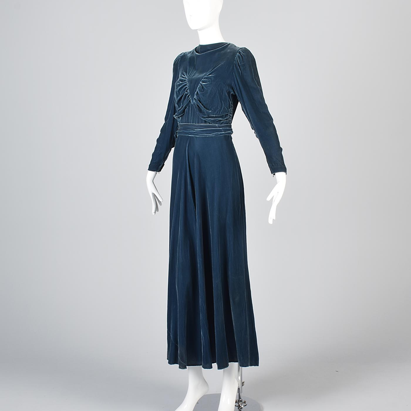 1930s Blue Velvet Gown with Gathered Bodice