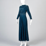 1930s Blue Velvet Gown with Gathered Bodice