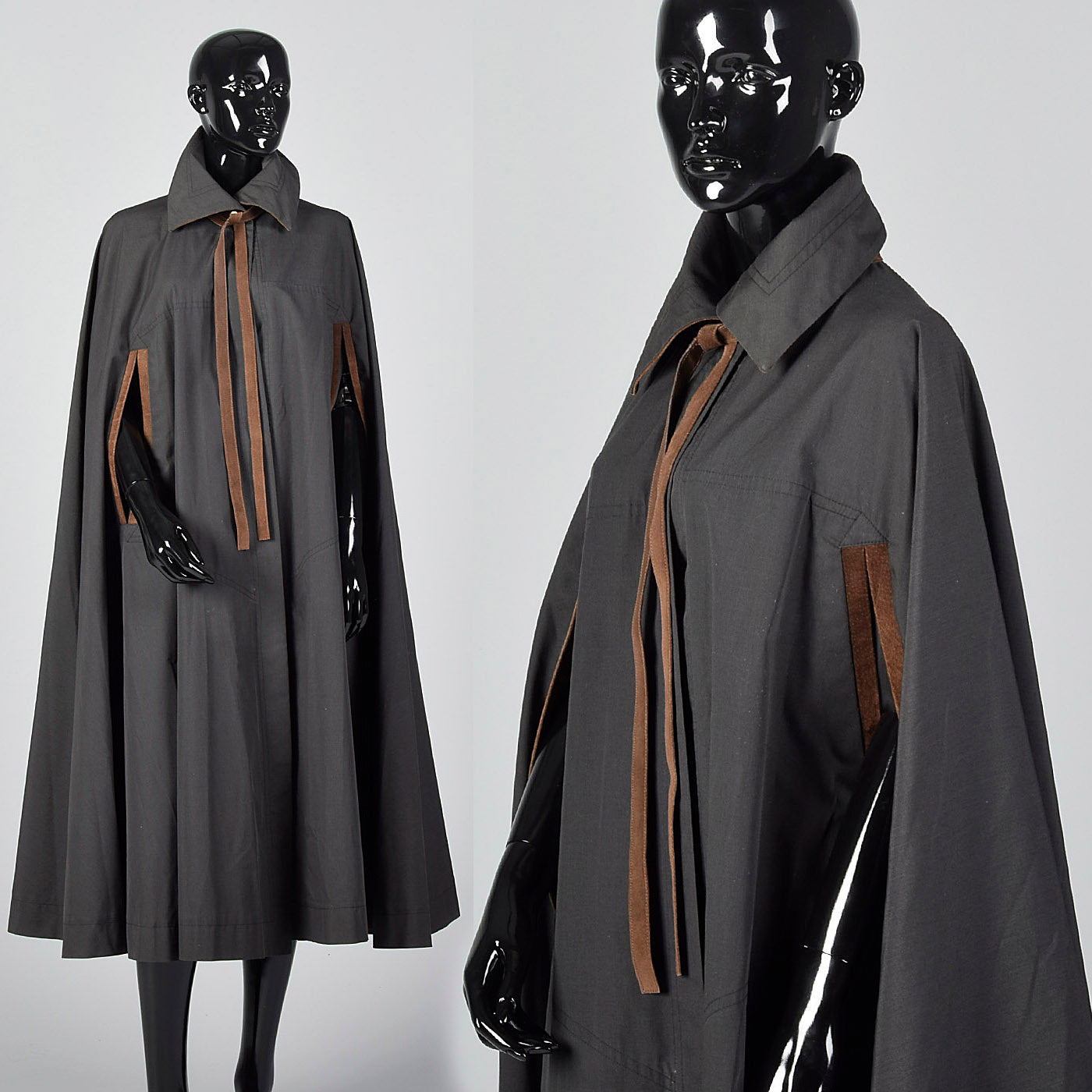 1970s Dark Grey Cape with Leather Trim