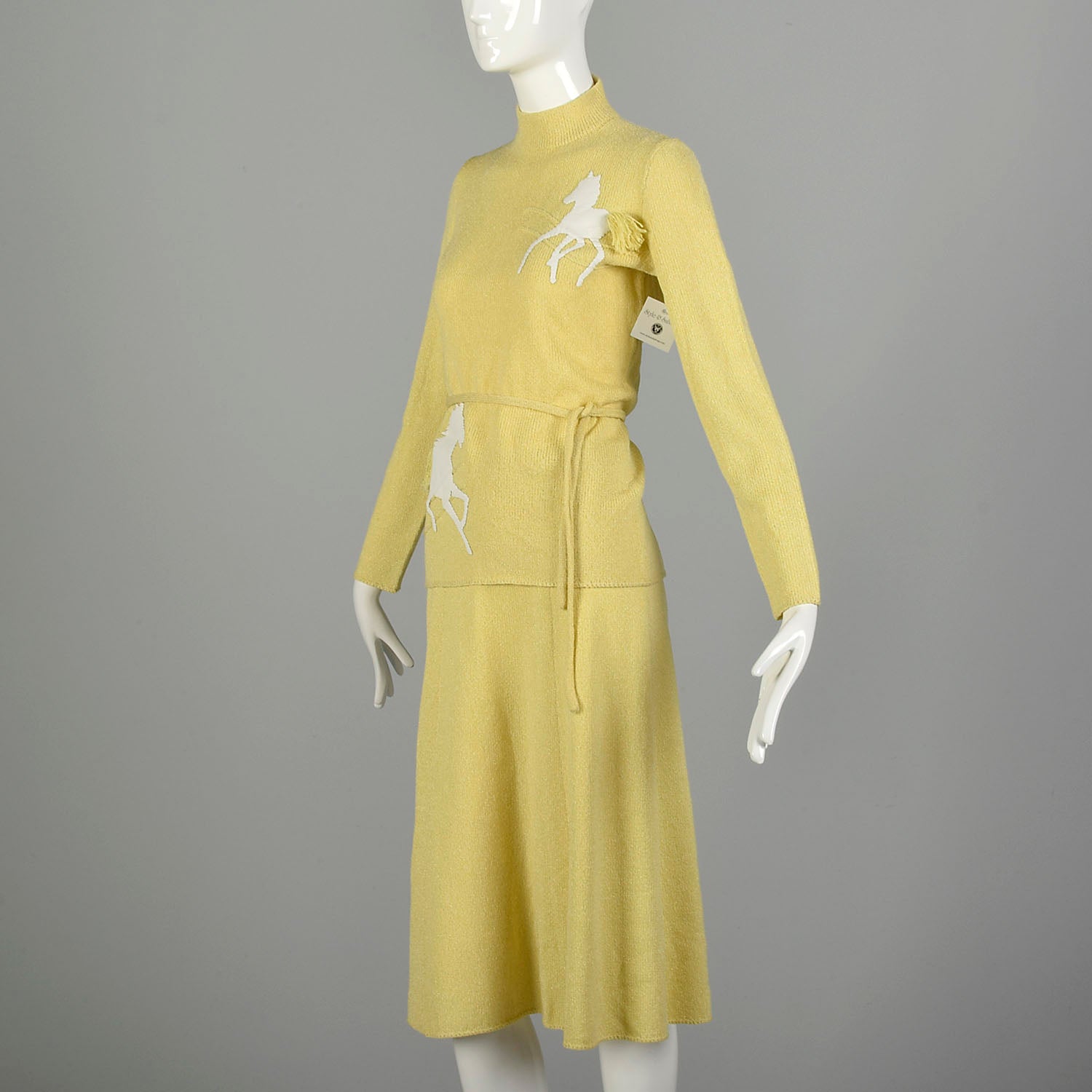 Small 1970s Novelty Horse Knit Outfit Long Sleeve Yellow Top Skirt Separates
