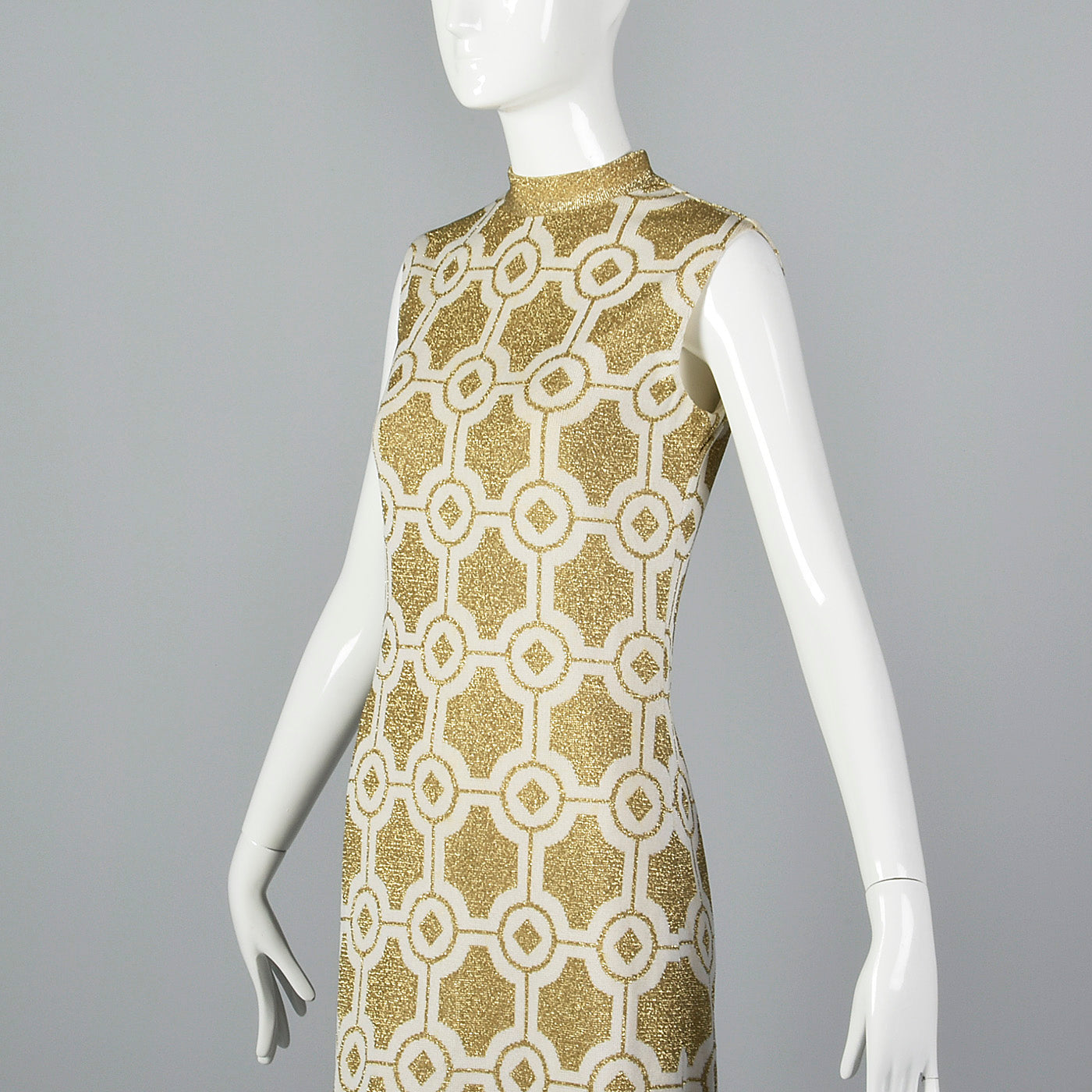 Incredible 1960s Balmain Les Tricots Geometric Gold Knit Maxi Dress