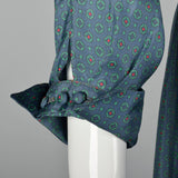 Large 1950s Print Silk Dress Jewel Tone Long Sleeve Day Dress