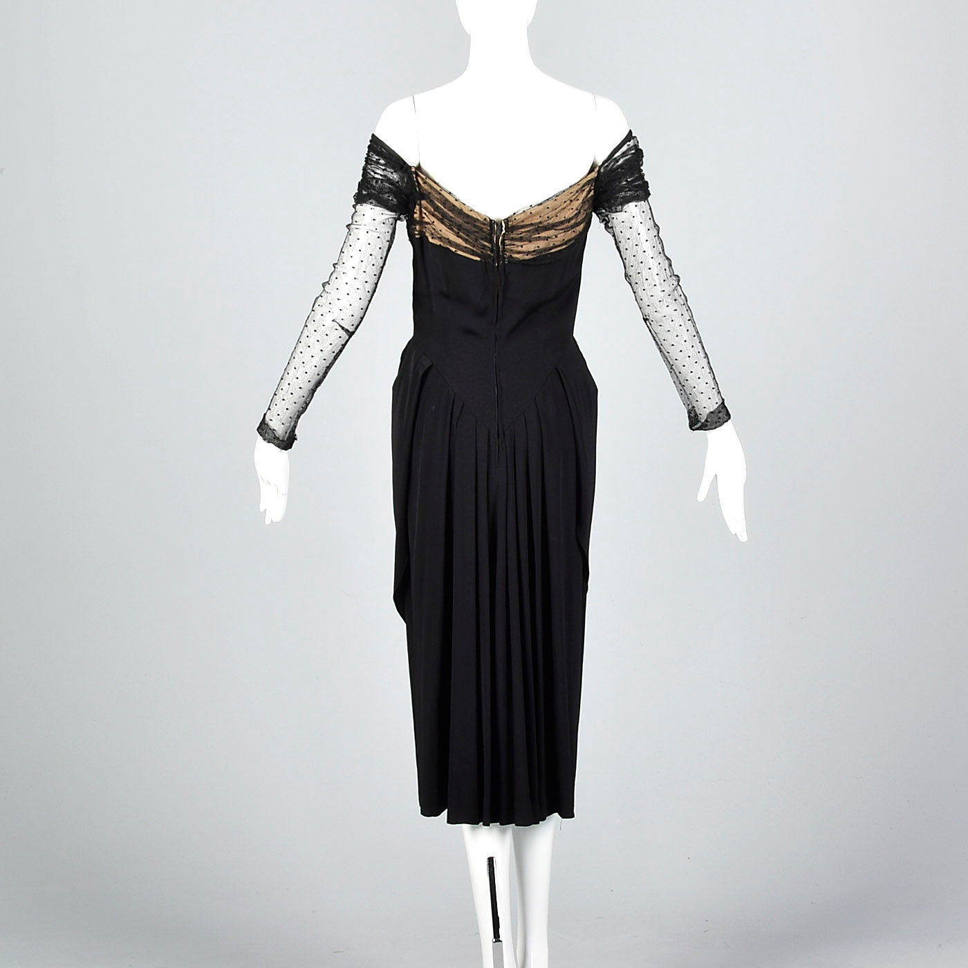 1950s Black Dress with Lace Illusion Neckline