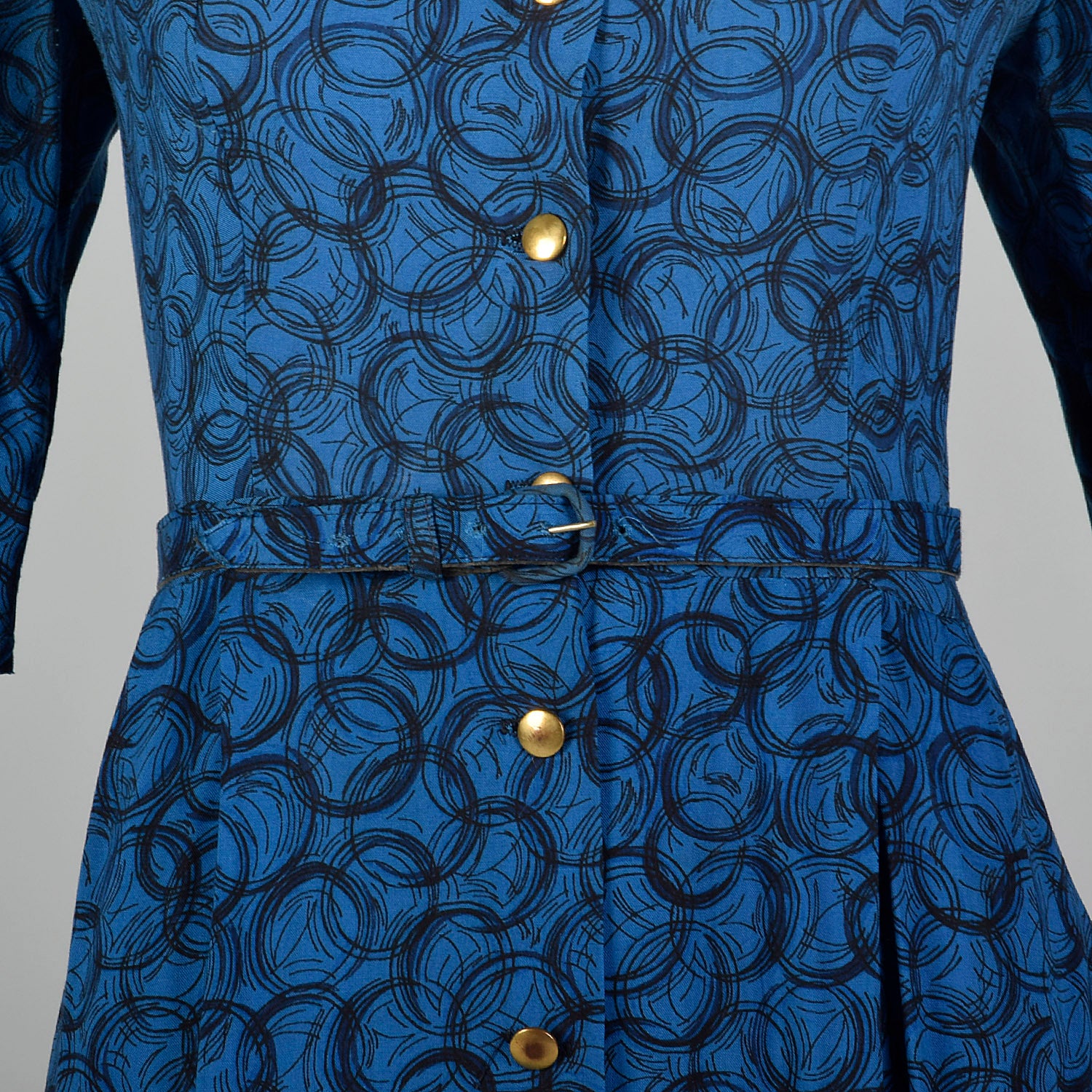 Large 1950s Blue Geometric Print Day Dress