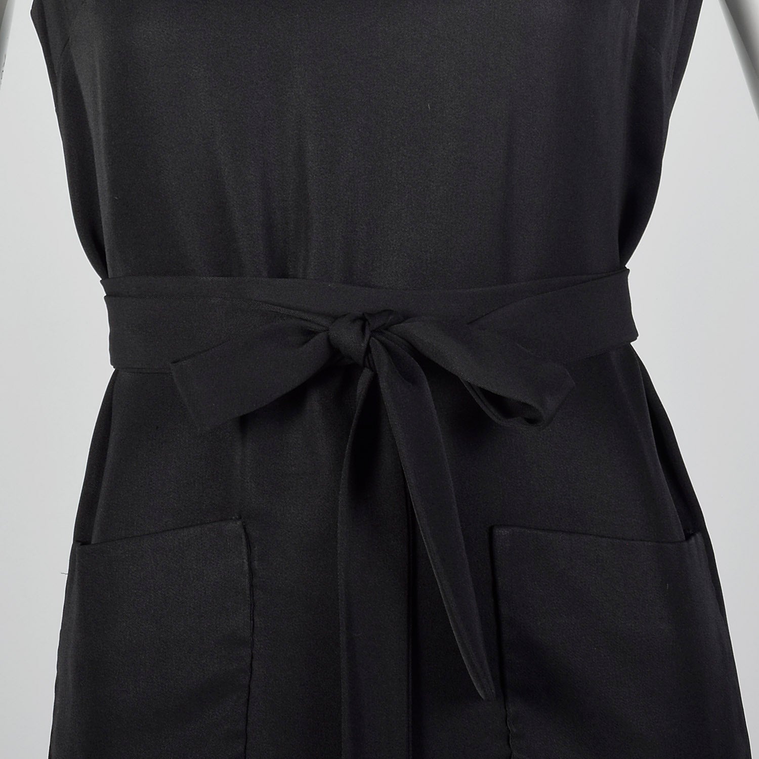 1960s Classic Little Black Dress Belted Sleeveless Shift with Patch Pockets
