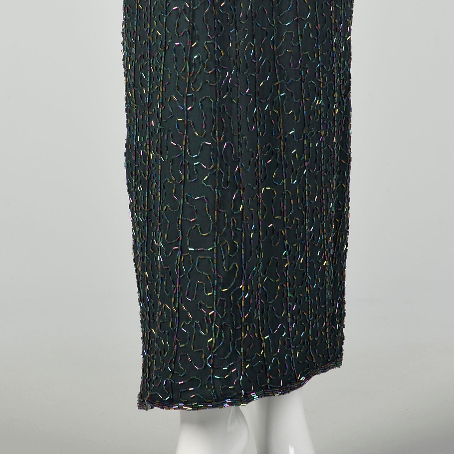 Small 1990s Halter Dress Forest Green Bugle Beaded Evening Gown