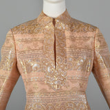 Large 1970s Malcolm Starr Blush Pink Metallic Maxi Dress