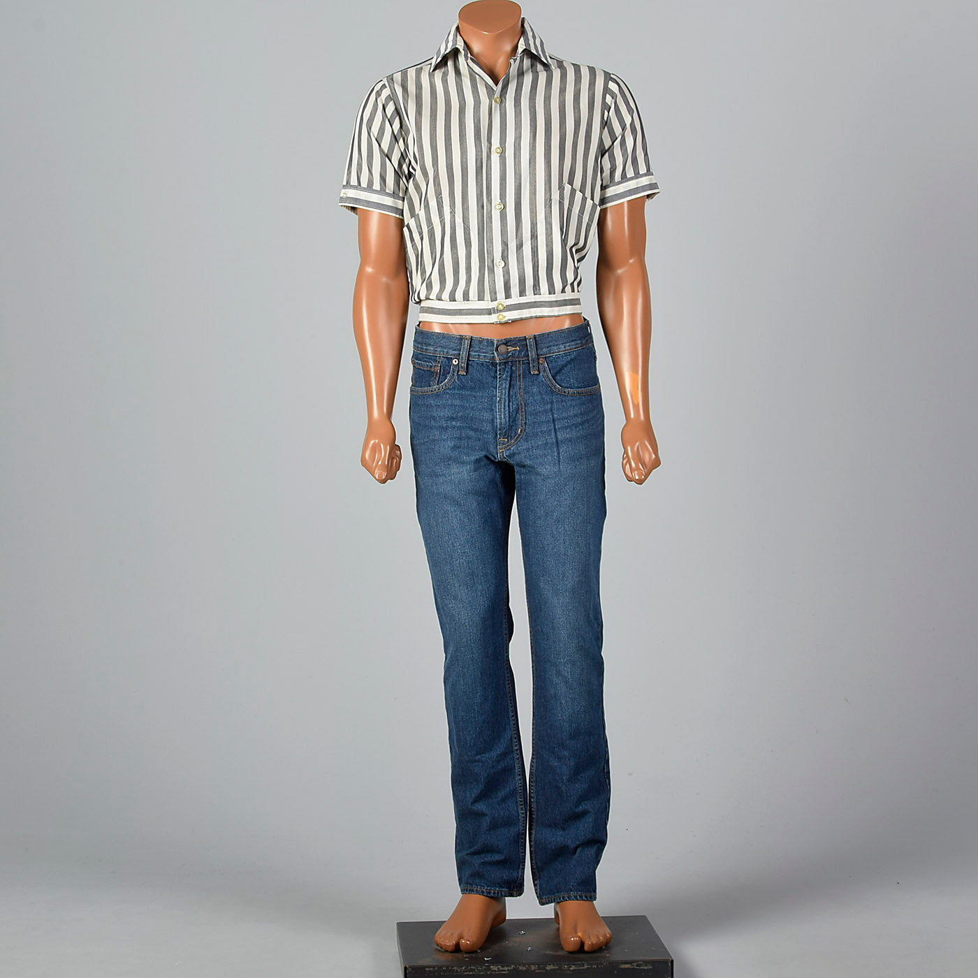 1950s Grey and White Striped Cropped Shirt