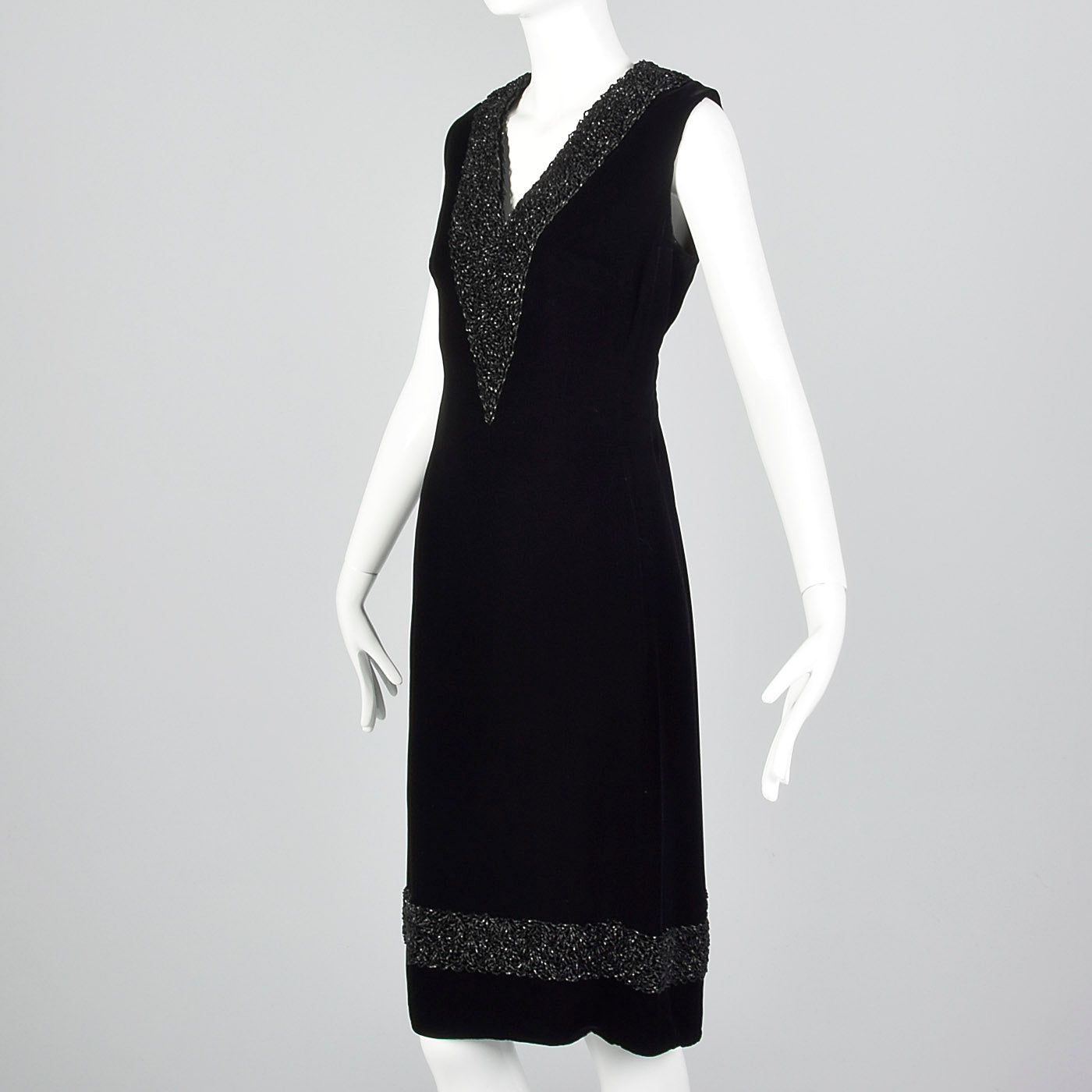 1960s Black Velvet Shift Dress with Heavy Beading