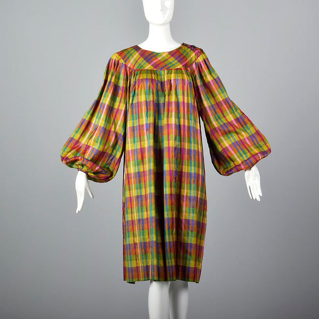 1970s Lanvin Lightweight Silk Dress in Rainbow Plaid with Huge Balloon Sleeves